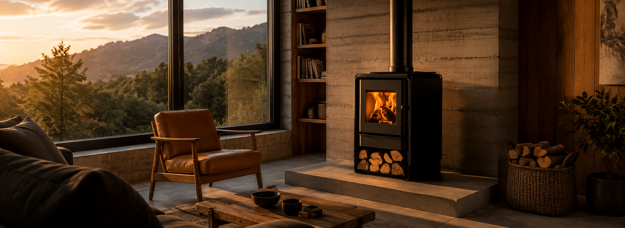 Estufa a leña Bosca en sala con vista a montaña al atardecer