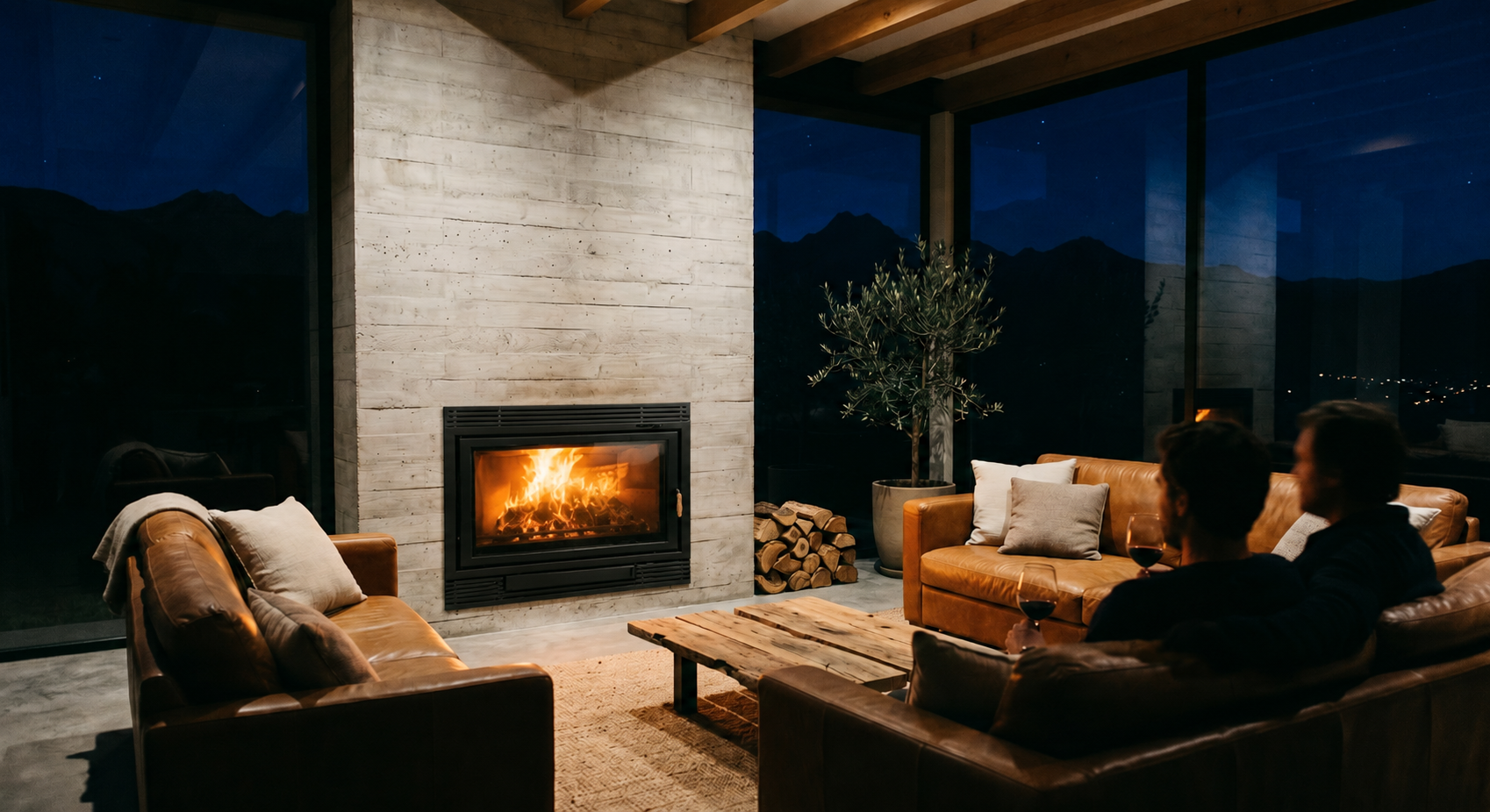 Sala de estar con chimenea Bosca encendida al atardecer