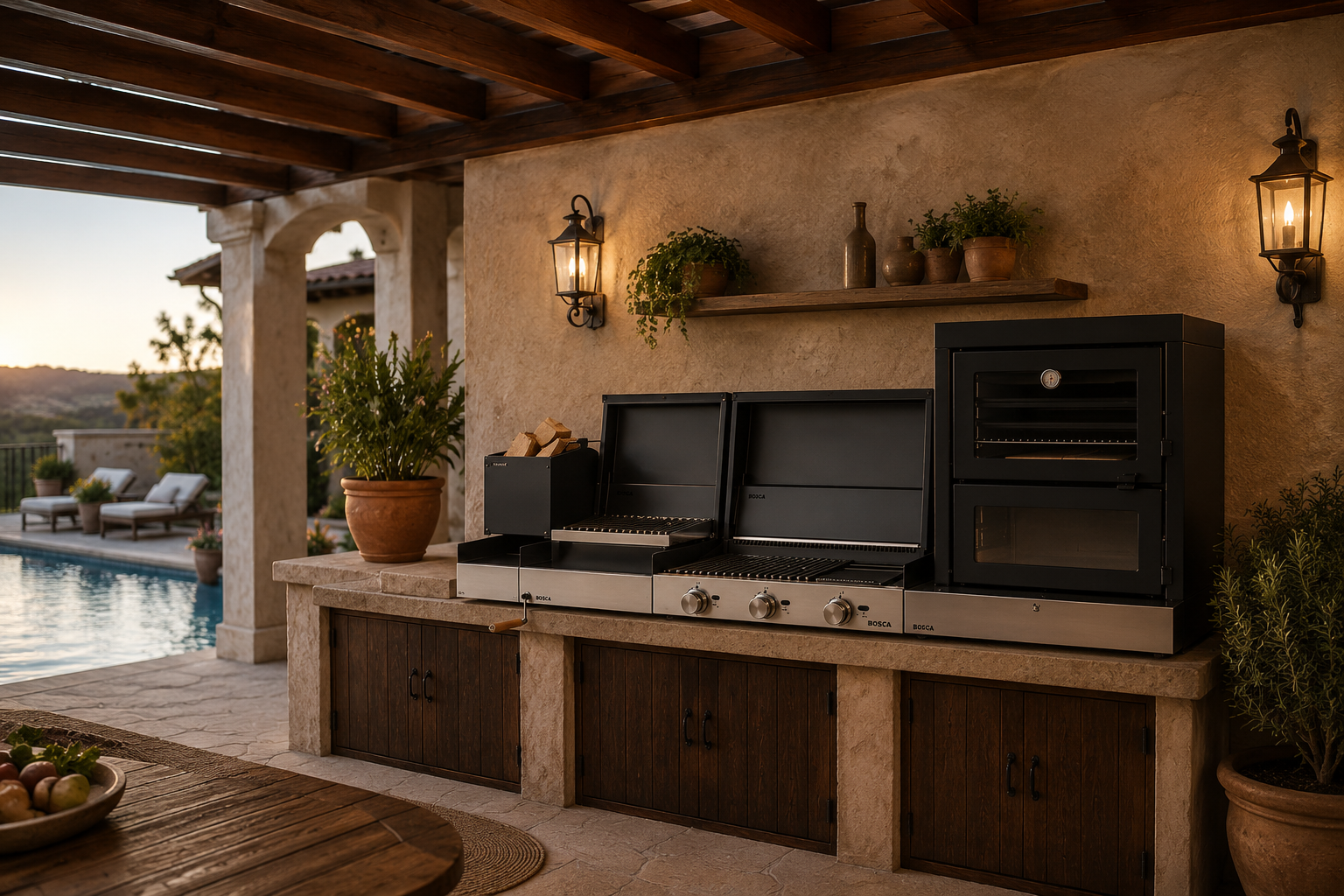 Quincho exterior con parrillas y horno Bosca