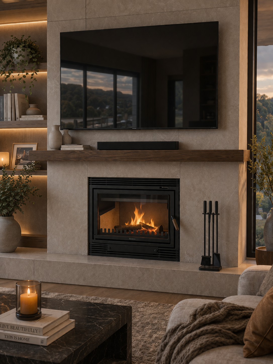 Chimenea Bosca empotrada bajo repisa con TV
